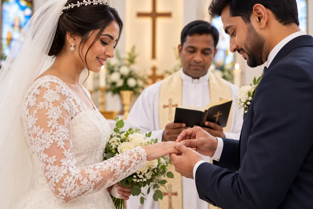 Christian bride and groom exchanging wedding rings during a church marriage ceremony