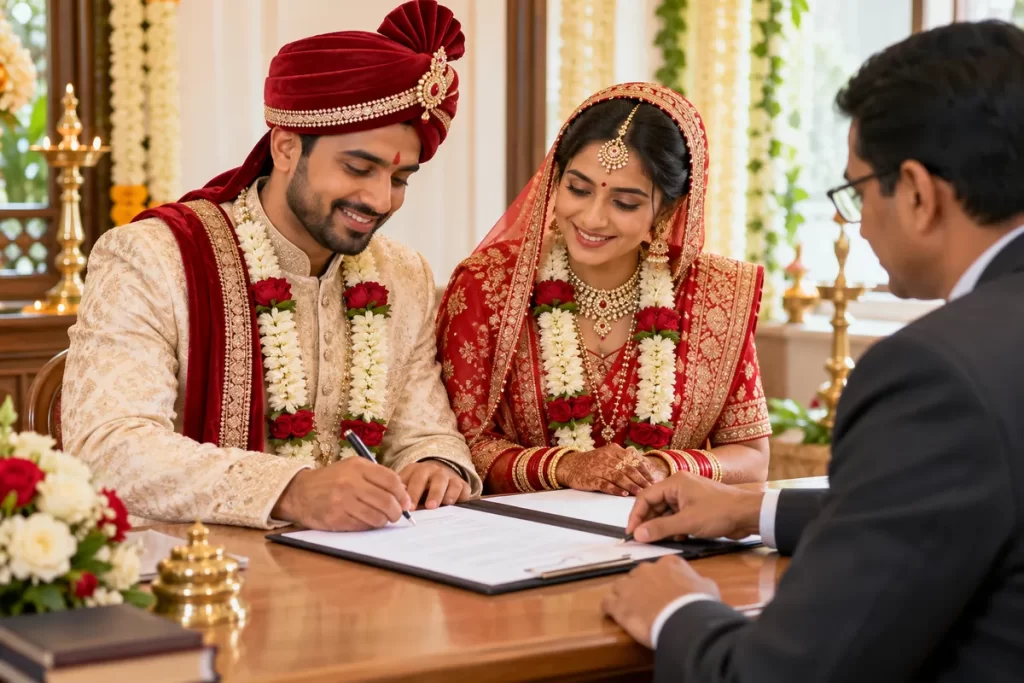 Indian Hindu bride and groom signing marriage registration documents during a traditional wedding