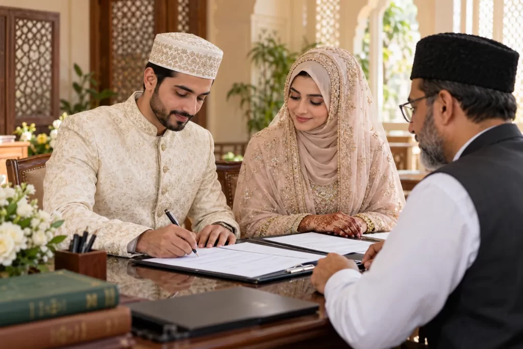 Muslim bride and groom completing Nikah registration documents with an officiant