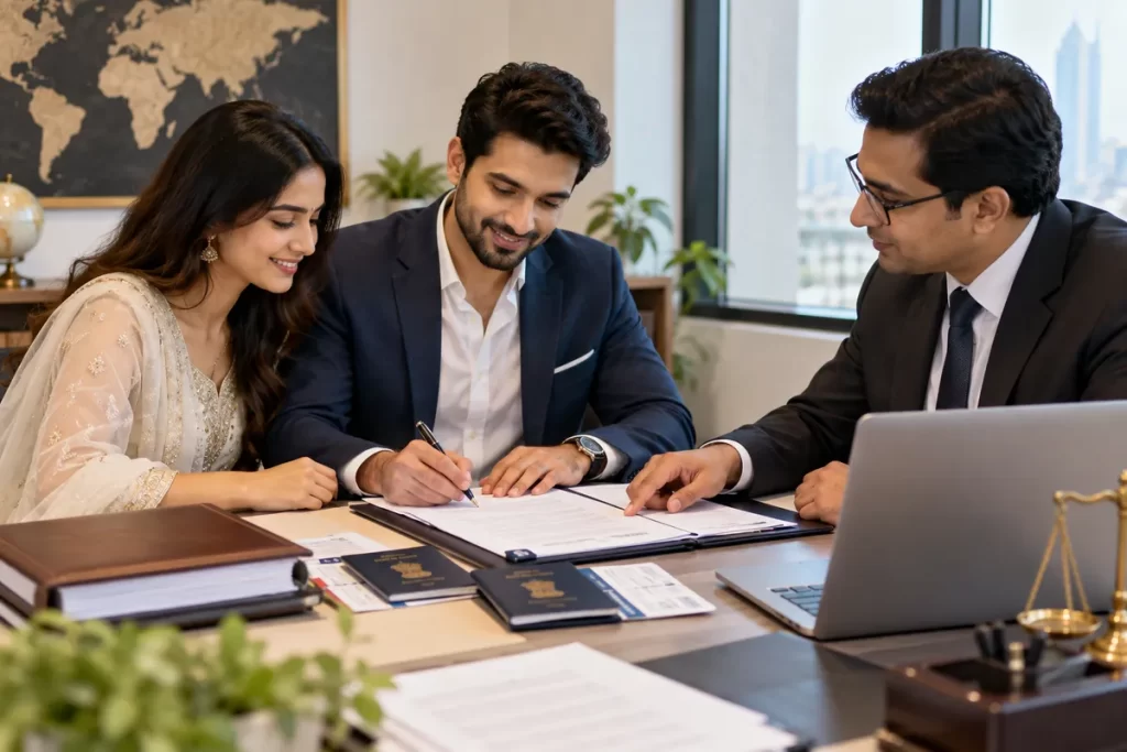 Indian couple reviewing marriage registration documents and passports with a legal adviser