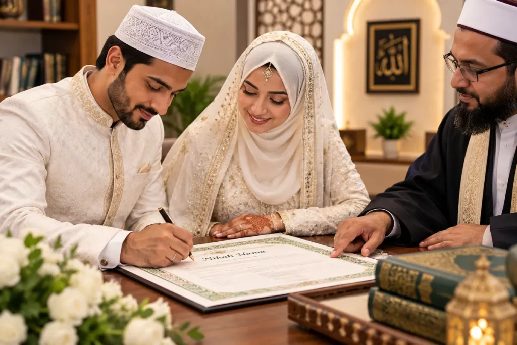 Muslim groom signing Nikah Nama documents with bride and officiant present