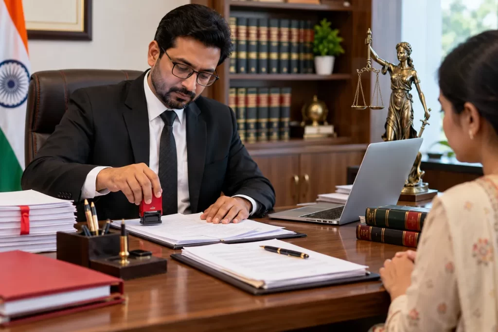 Indian notary professional stamping legal documents at an office desk