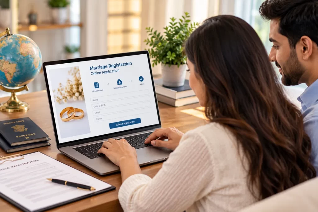 Indian couple completing an online marriage registration application on a laptop