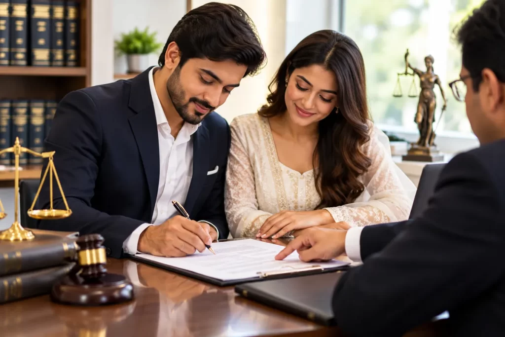 Indian couple signing marriage registration documents with a legal professional
