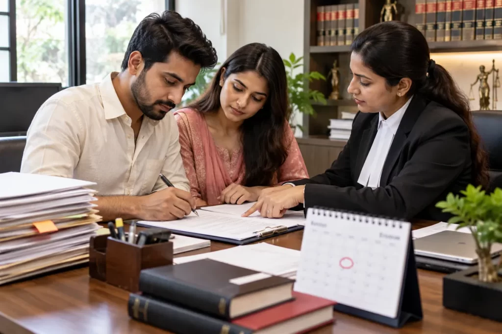 Indian couple preparing marriage registration paperwork with a legal adviser